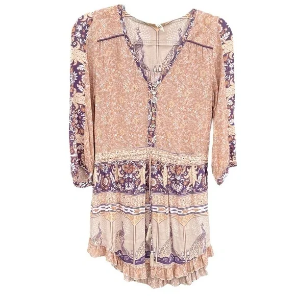 Spell Xanadu Mini Play Dress Gold Dust XS Peacocks Boho Ruffle GUC - Picture 6 of 16